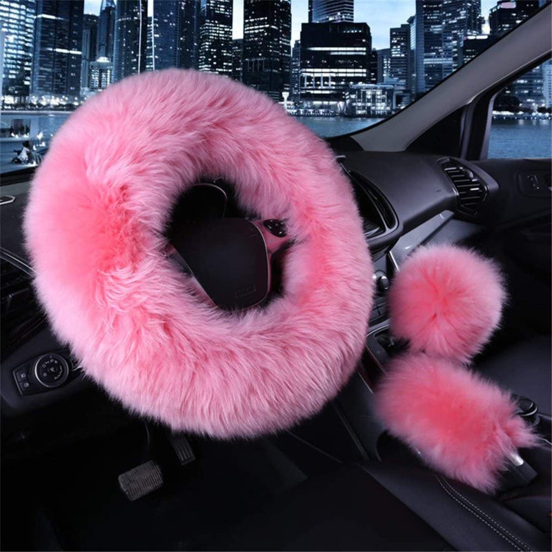 SPANICE 3 Pcs Car Steering Wheel Cover & Handbrake Cover & Gear Shift Cover Set Faux Wool Warm Winter (Pink) - Image 1